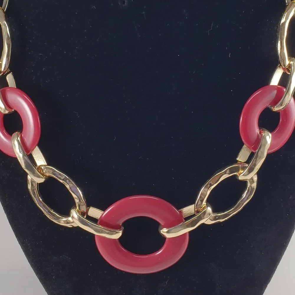 Gold Statement Necklace – Bold Red Burgundy Hoop Design - Women's Jewelry